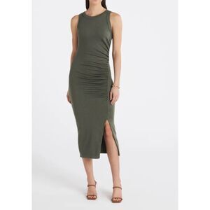 Michael Stars Tala Sleeveless Fitted Dress‎ with Side Slit In Olive | Size XS